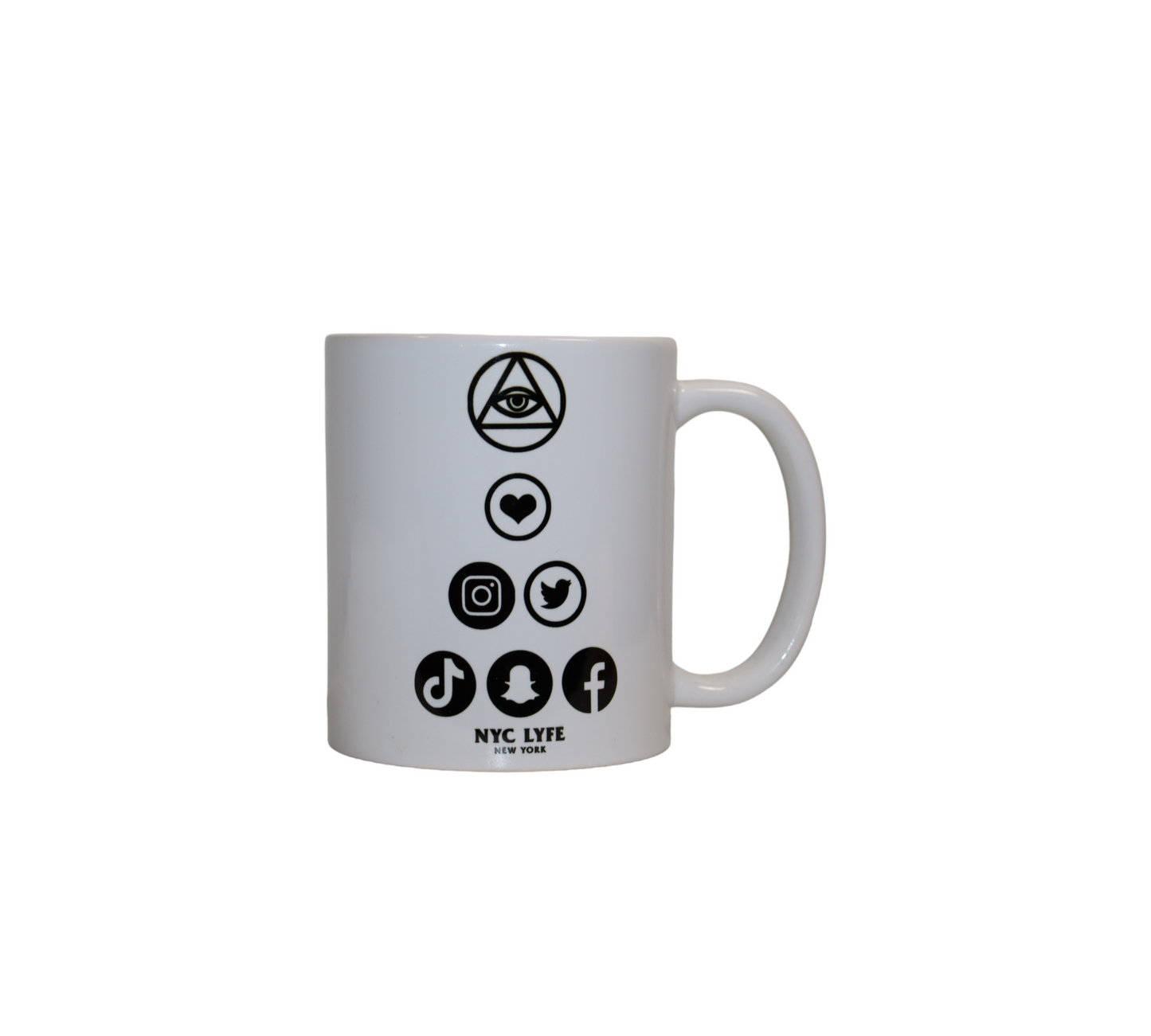 Back view of a white mug with a vertical stack of icons, including the Eye of Providence, a heart, and logos for Instagram, Twitter, TikTok, and Facebook.