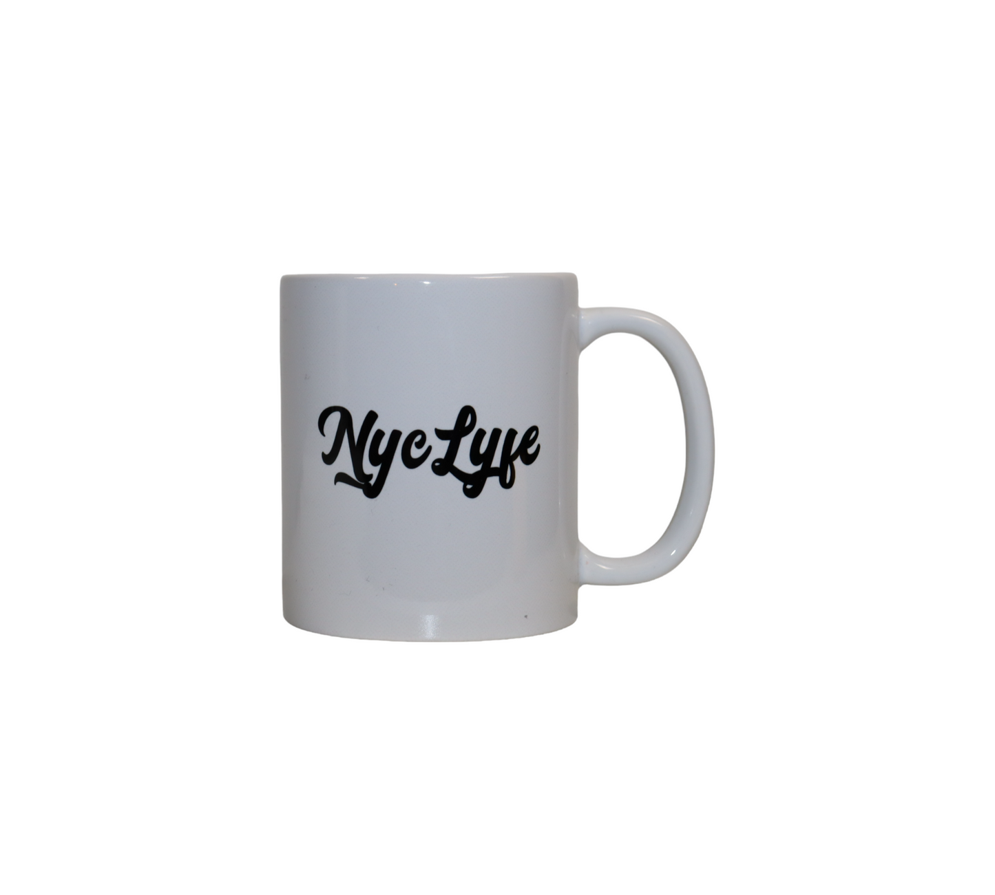Back view of a white ceramic mug featuring the 'Nyc Lyfe' brand logo written in a black script font.