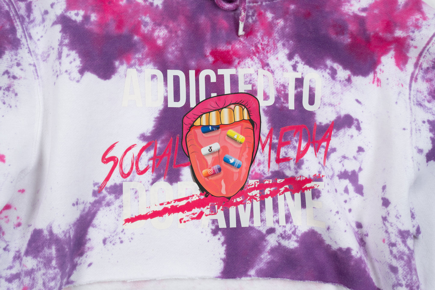 ADDICTED TO SOCIAL MEDIA CROPPED TIE DYE (PURPLE) HOODIE