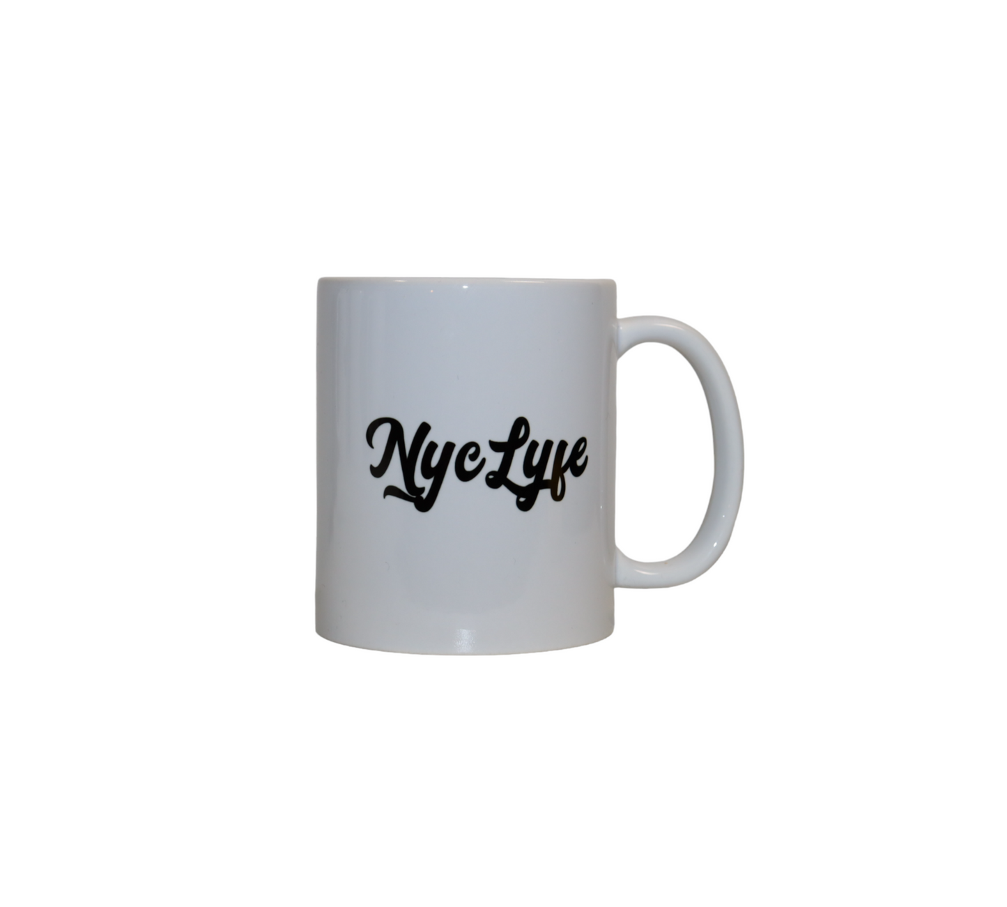 Back view of a white ceramic mug featuring the 'Nyc Lyfe' brand logo written in a black script font.