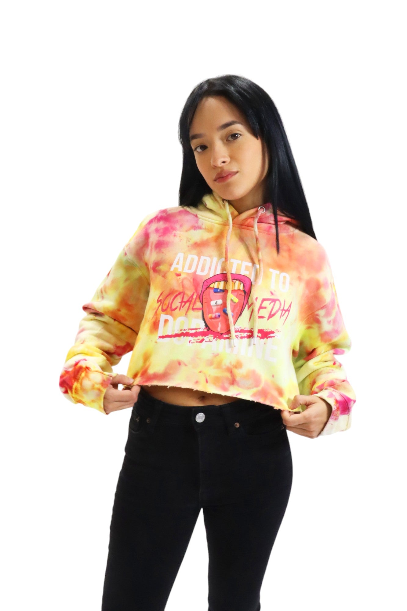 ADDICTED TO SOCIAL MEDIA CROPPED TIE DYE (ORANGE) HOODIE