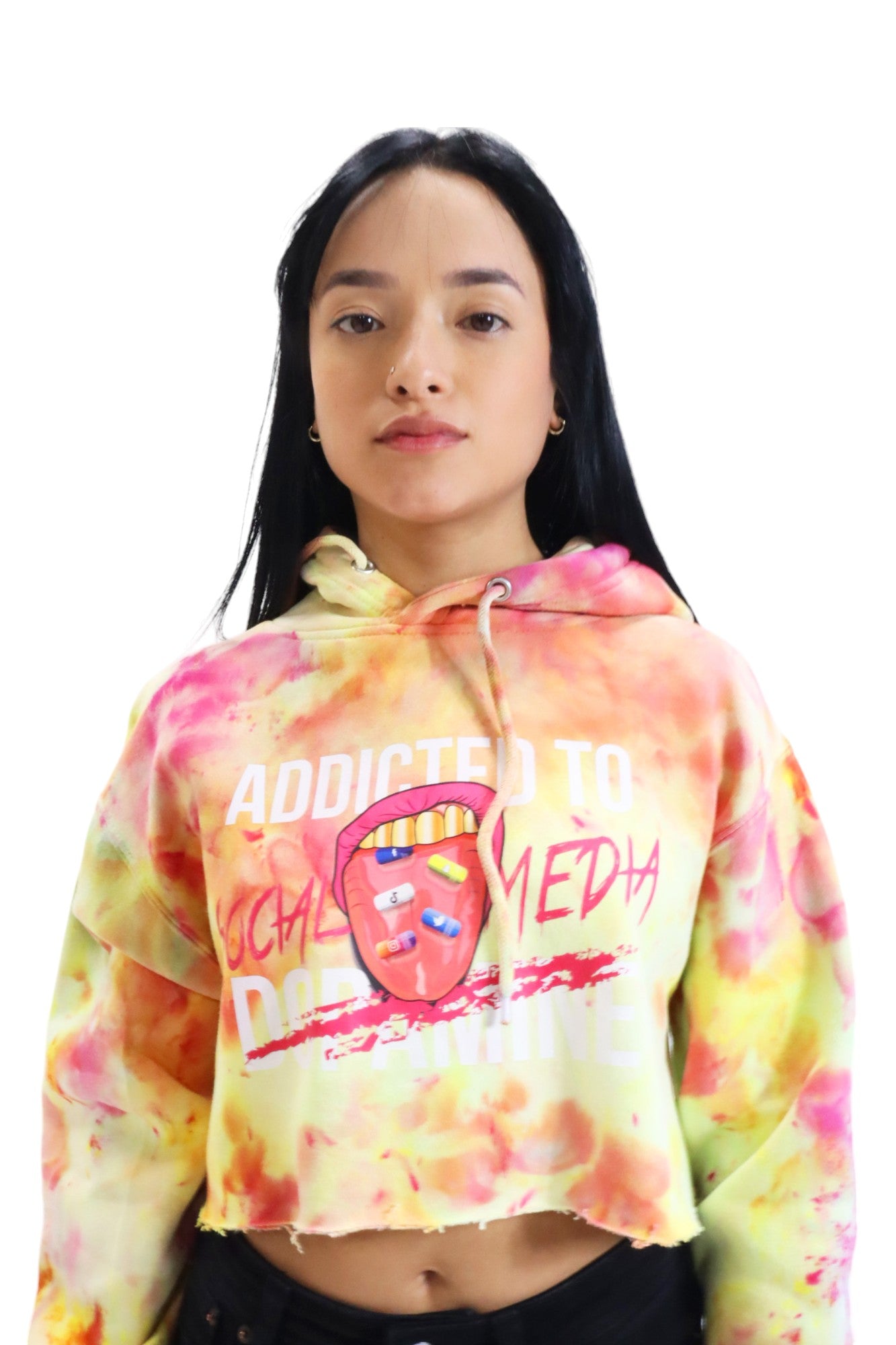 ADDICTED TO SOCIAL MEDIA CROPPED TIE DYE (ORANGE) HOODIE