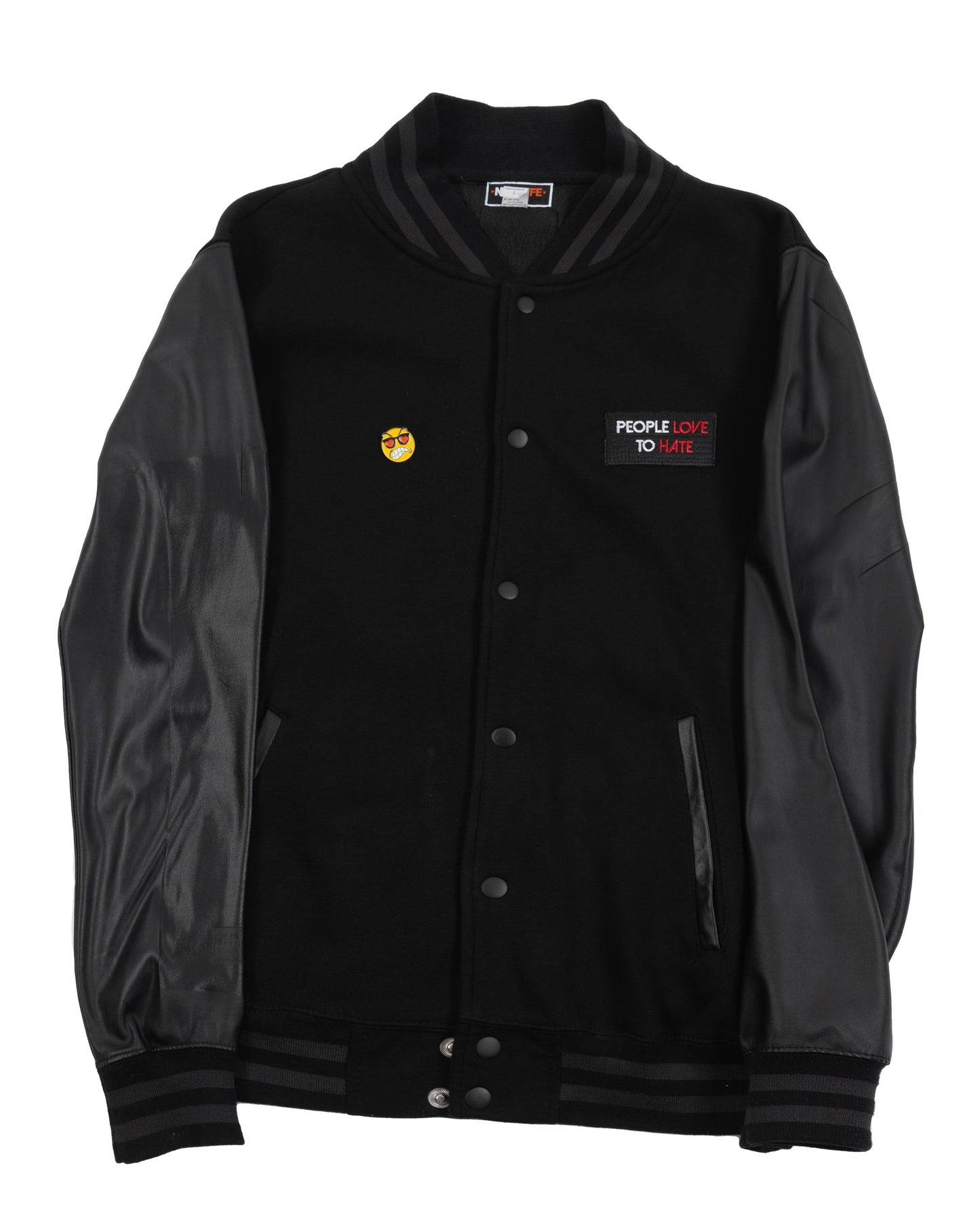 PLTH EMOJI PATCH FAUX LEATHER & WOOL JACKET