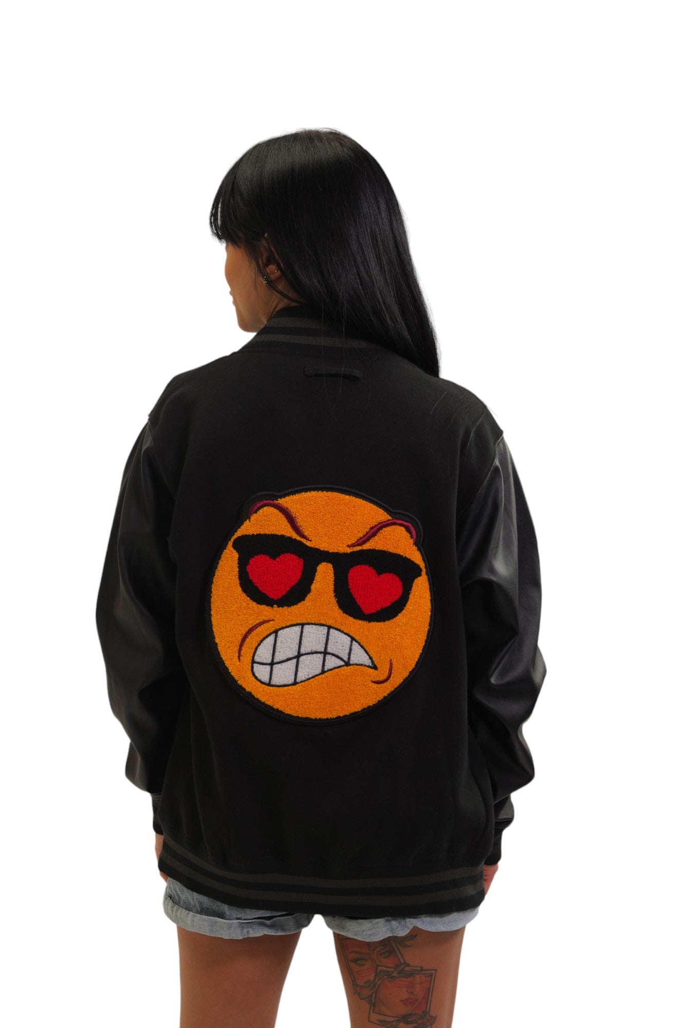 PLTH EMOJI PATCH FAUX LEATHER & WOOL JACKET