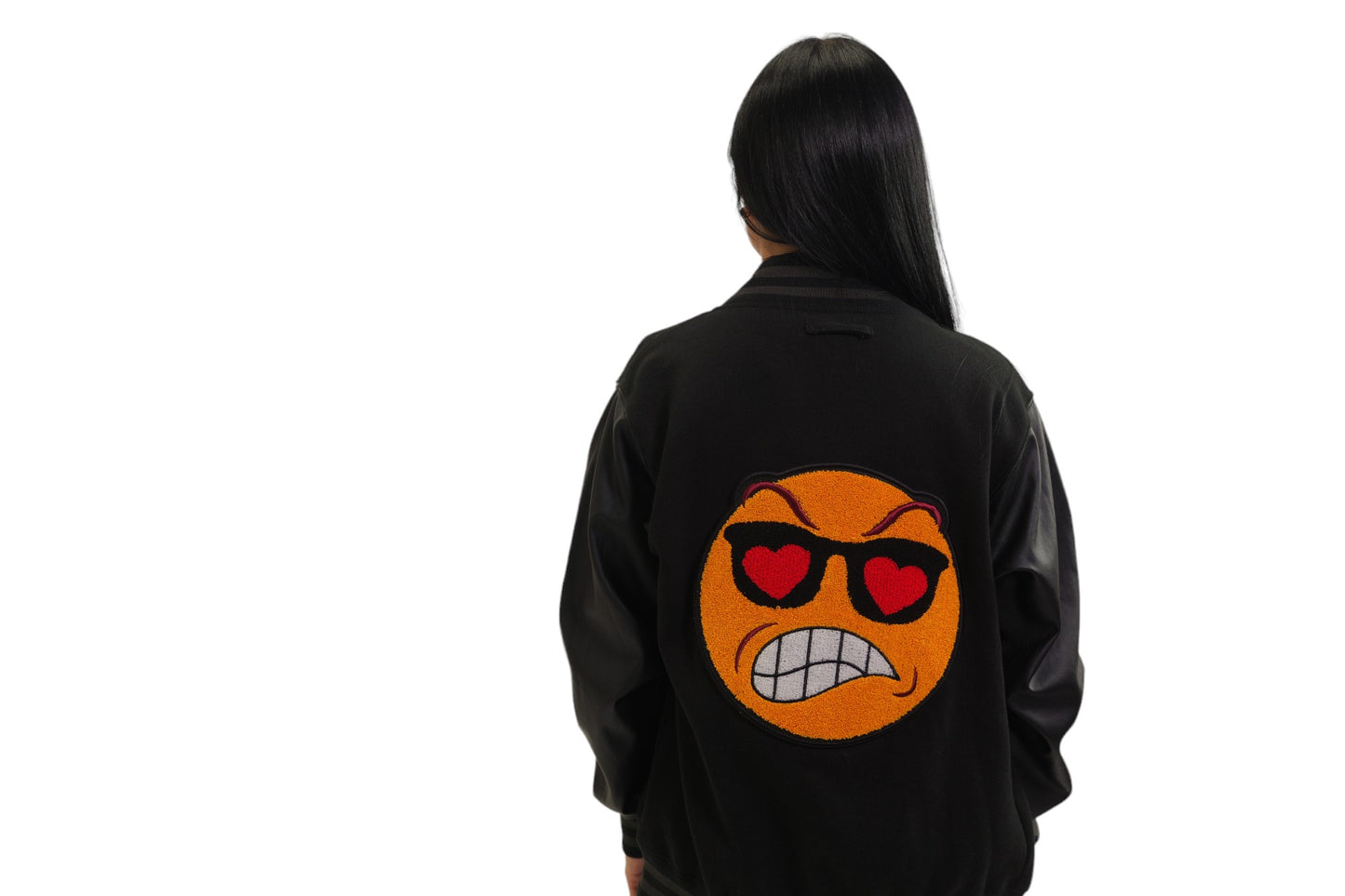 PLTH EMOJI PATCH FAUX LEATHER & WOOL JACKET