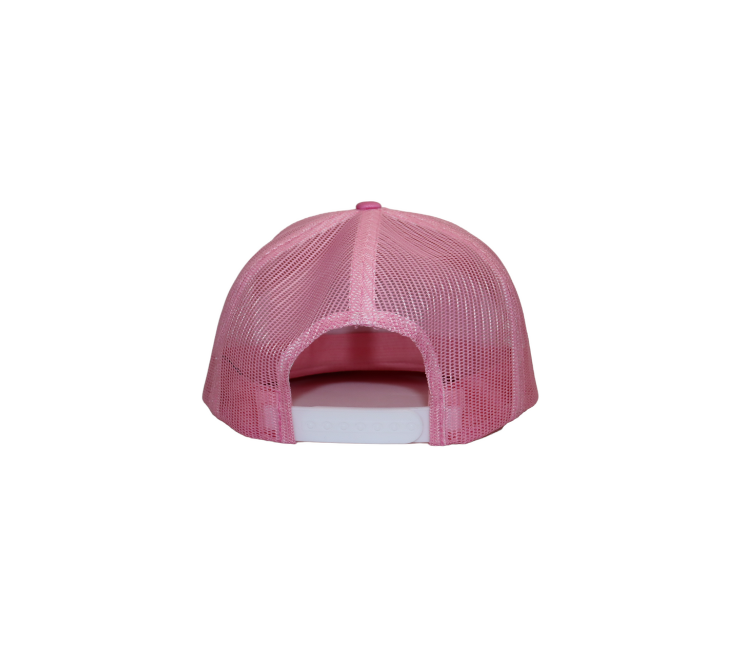 The back of a pink trucker hat, showing the pink mesh panels and a white plastic snap closure.
