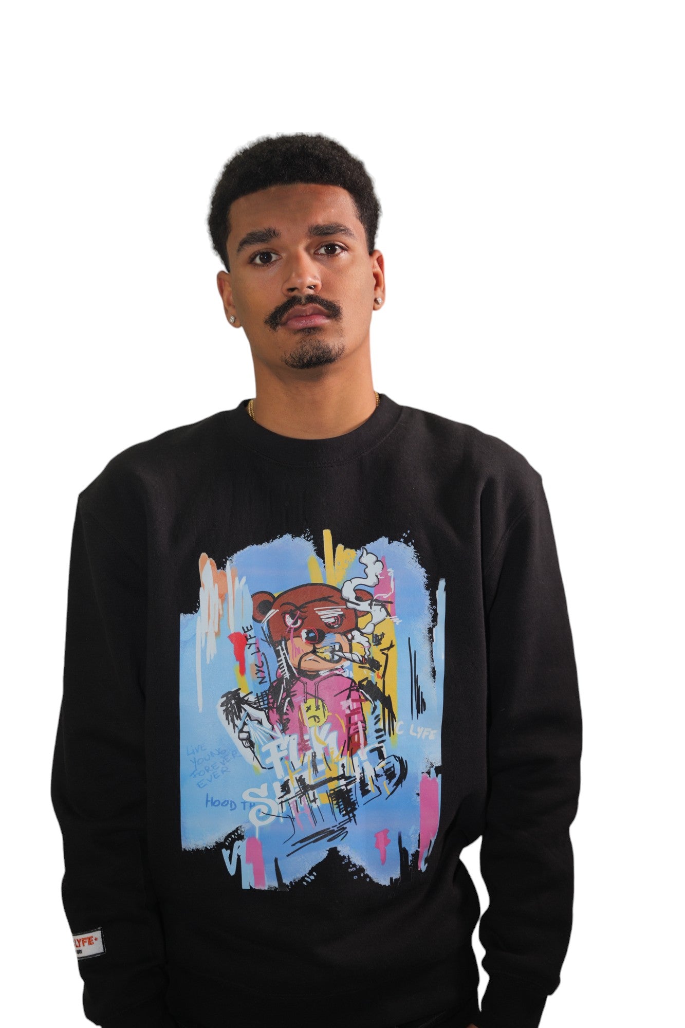 Front view of a model wearing a black crewneck sweatshirt. The sweatshirt features a large, colorful graffiti-style graphic of a cartoon bear with sunglasses against an abstract, chaotic background.