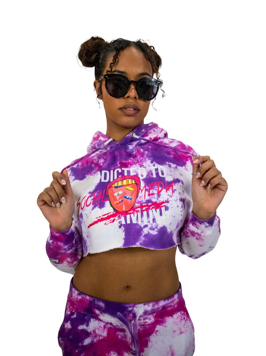 ADDICTED TO SOCIAL MEDIA CROPPED TIE DYE (PURPLE) HOODIE