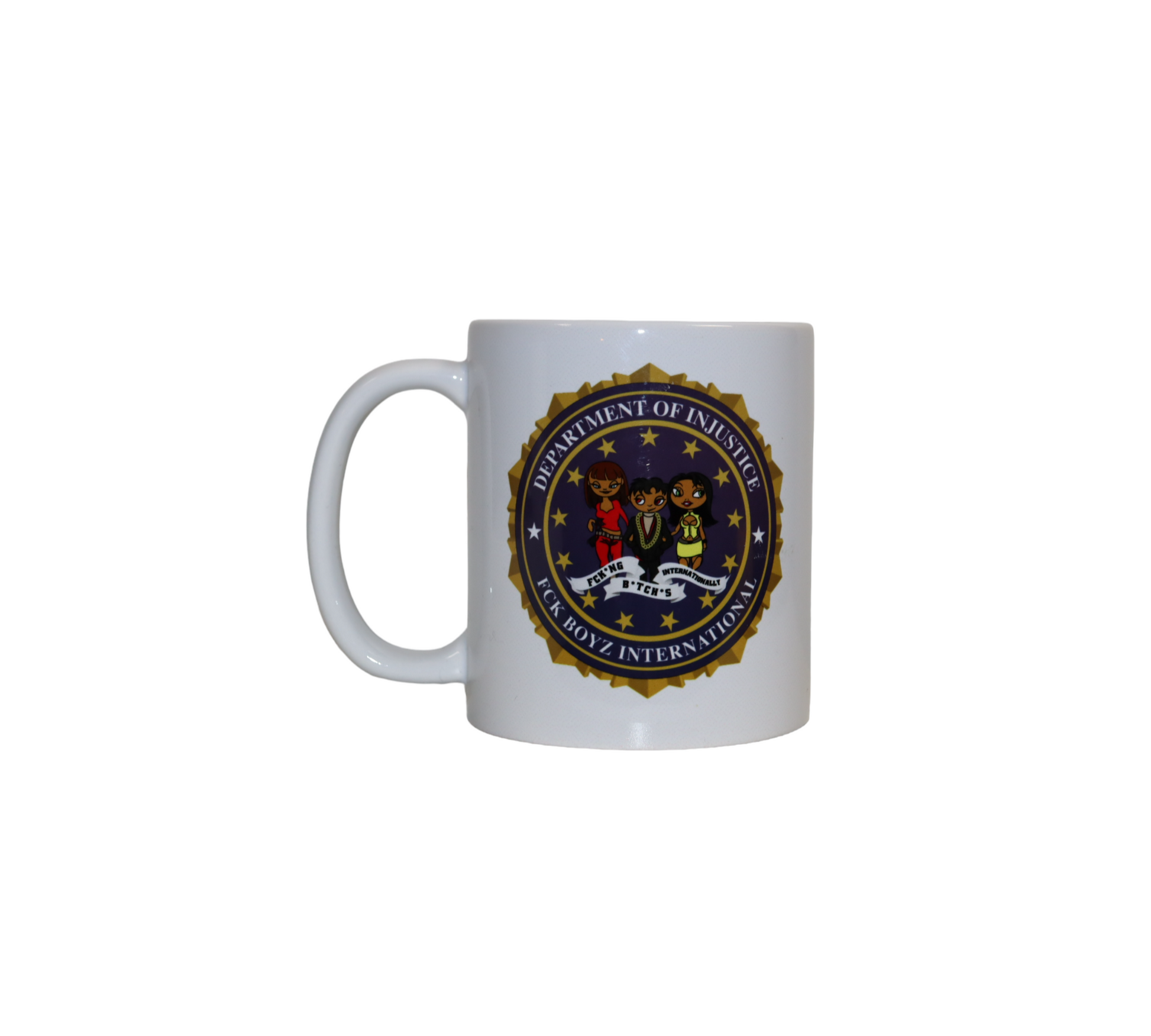 Front view of a white ceramic mug. The mug has a satirical graphic designed like an official government seal that reads 'Department of Injustice' and 'Fuck Boyz International'.
