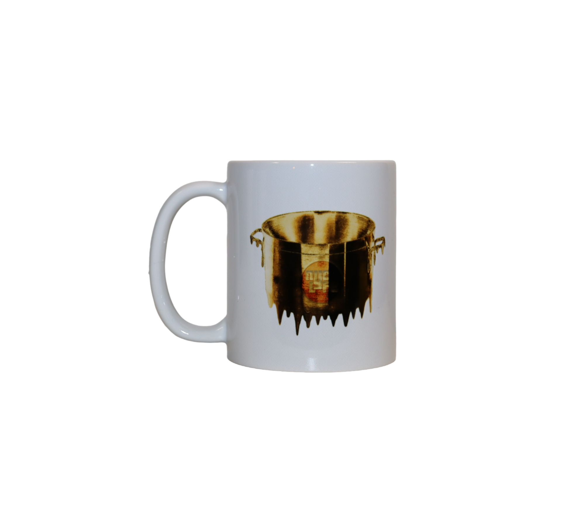 Front view of a white ceramic mug. The mug has a graphic of a large pot from which liquid gold is melting and dripping down.