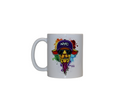 A white ceramic mug with a colorful graphic of a yellow goat character. The goat wears a purple 'NYC' hat and sunglasses, and is set against a vibrant, rainbow-colored paint splatter background.