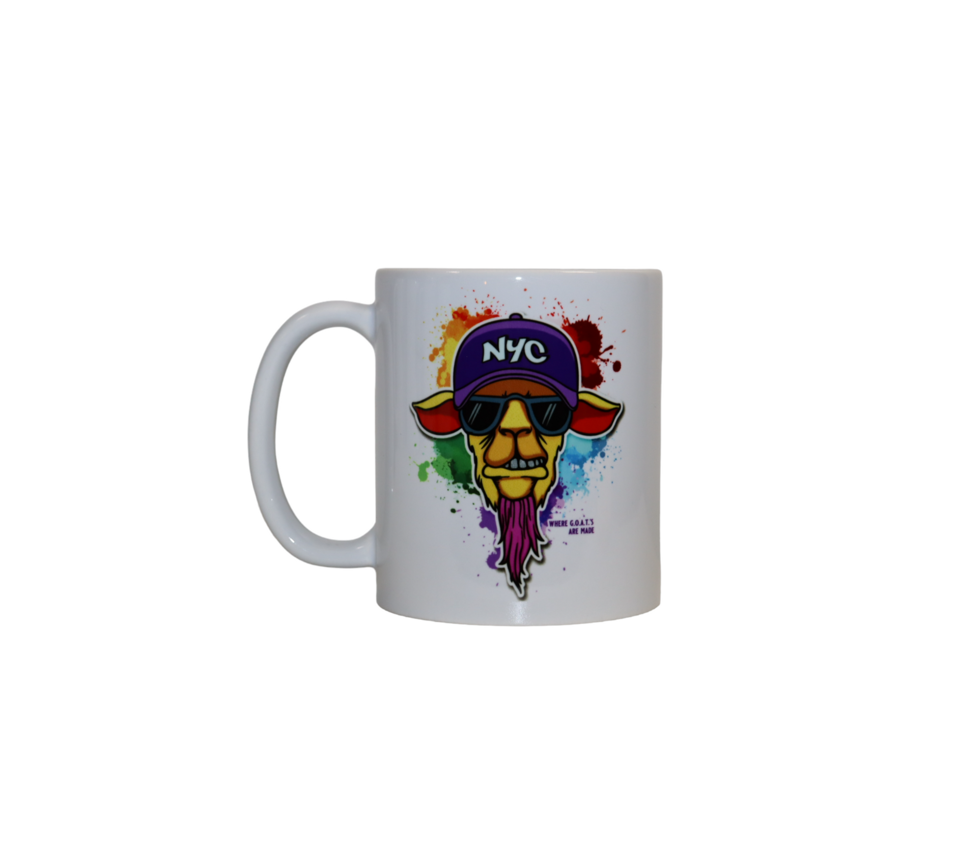 A white ceramic mug with a colorful graphic of a yellow goat character. The goat wears a purple 'NYC' hat and sunglasses, and is set against a vibrant, rainbow-colored paint splatter background.
