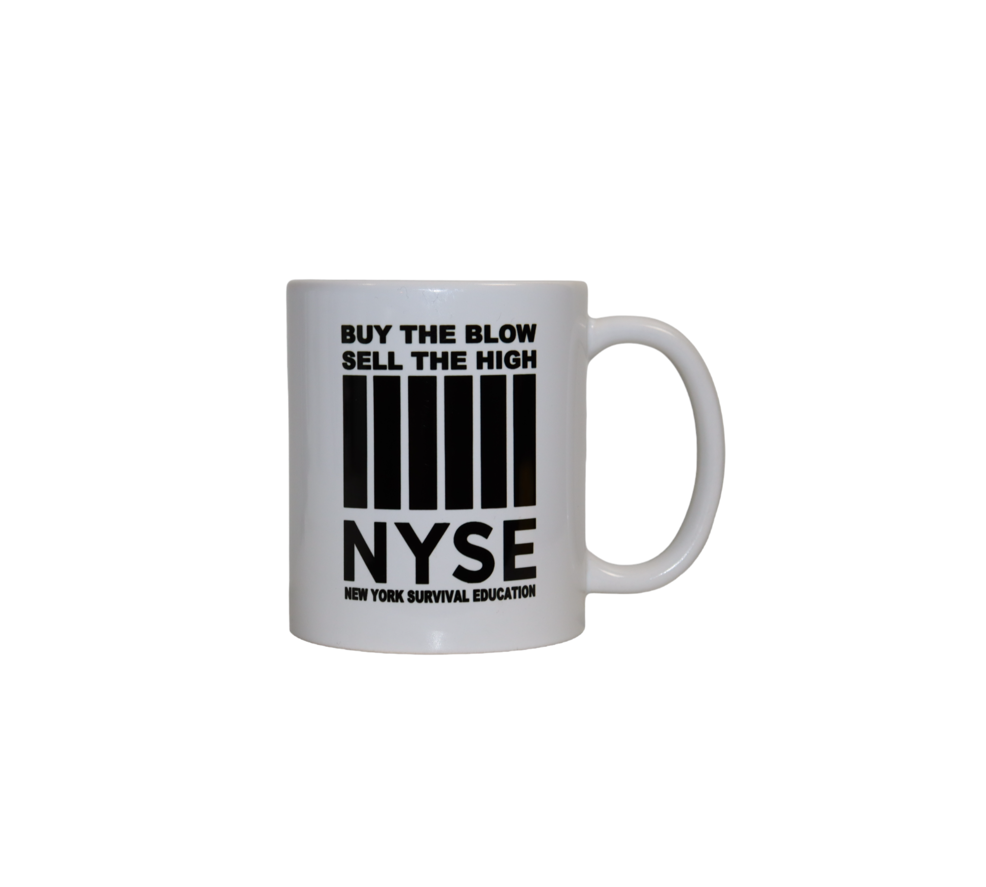 Back view of a white mug with the acronym 'NYSE' in large black letters, with the full text 'New York Survival Education' printed below it.