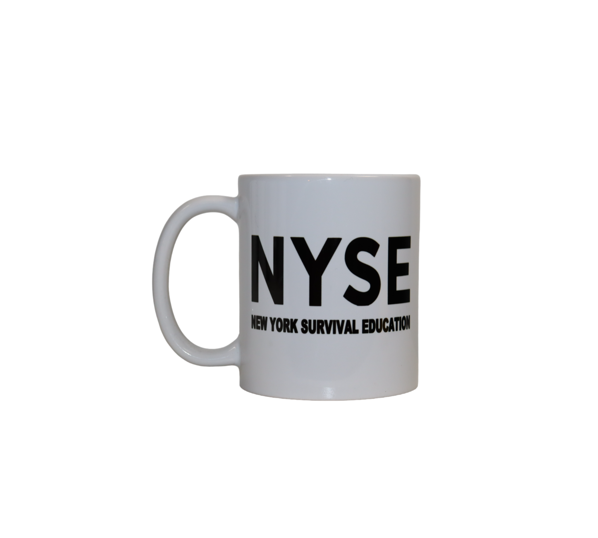 Front view of a white mug. It has a black graphic reading 'BUY THE BLOW SELL THE HIGH' above stylized bars and the acronym 'NYSE', which stands for 'New York Survival Education'.