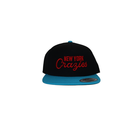 A two-tone snapback hat with a black crown and a bright blue brim. The words 'New York Crazies' are embroidered on the front in red.