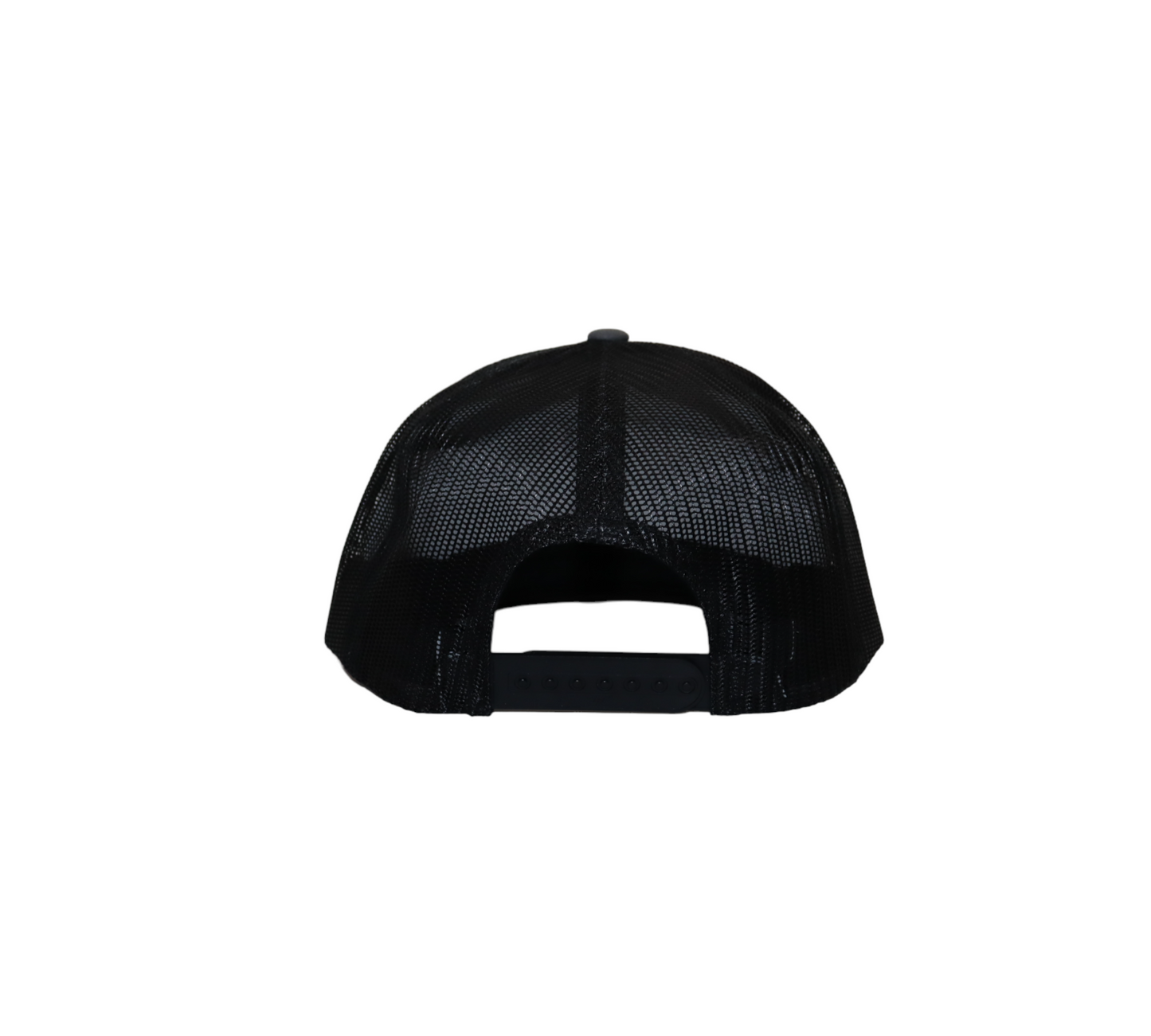 The back of a black trucker hat, showing the black mesh panels and the plastic snap closure.