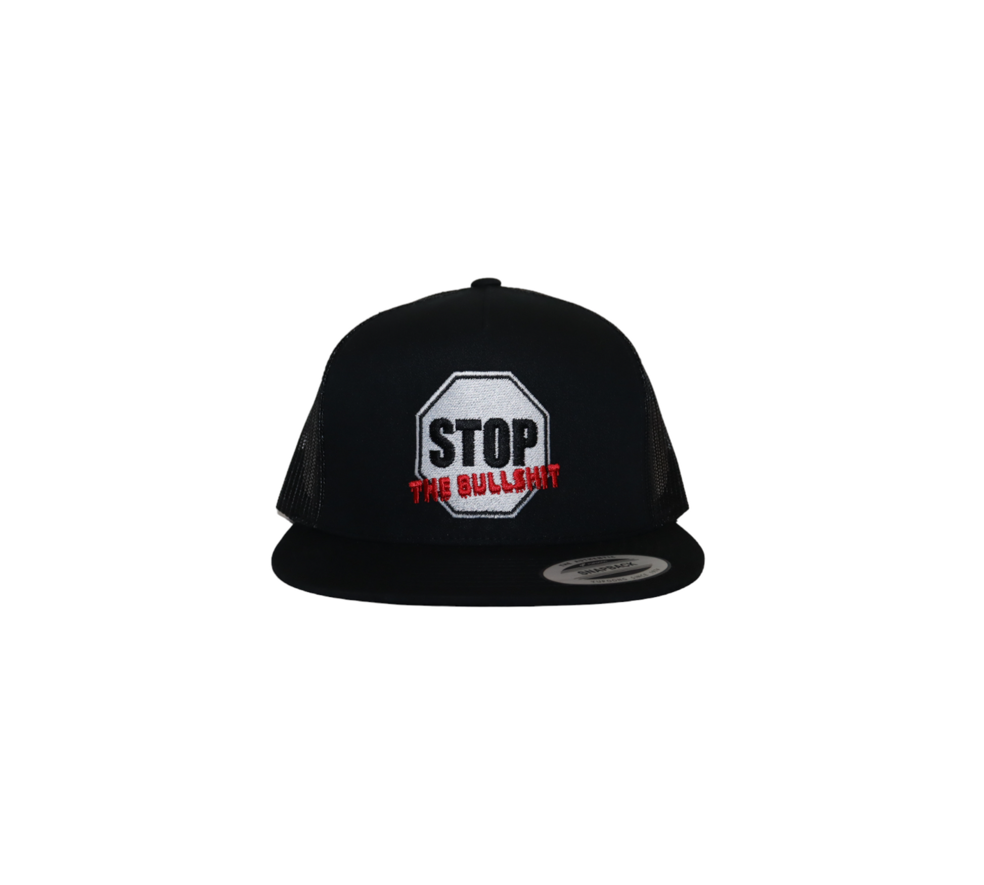 A black trucker hat with a white octagonal patch on the front designed like a stop sign. The patch reads 'STOP THE BULLSHIT' in black and red text.