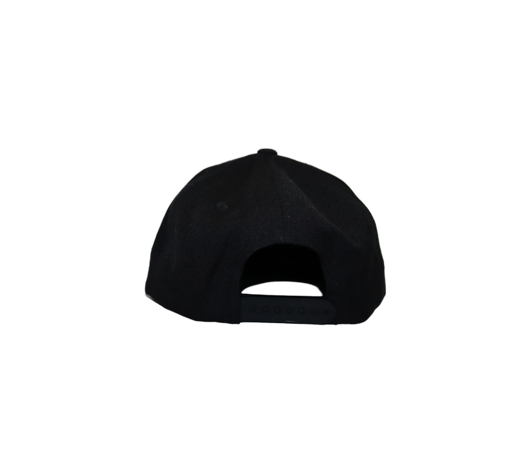 A black back snapback hat with a flat brim. 