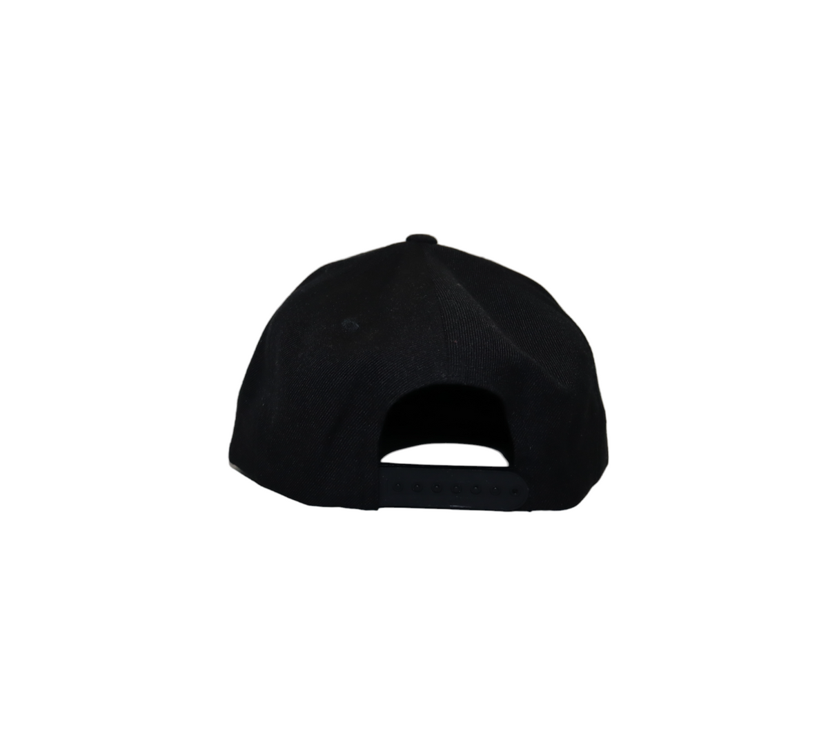 A black back snapback hat with a flat brim. 