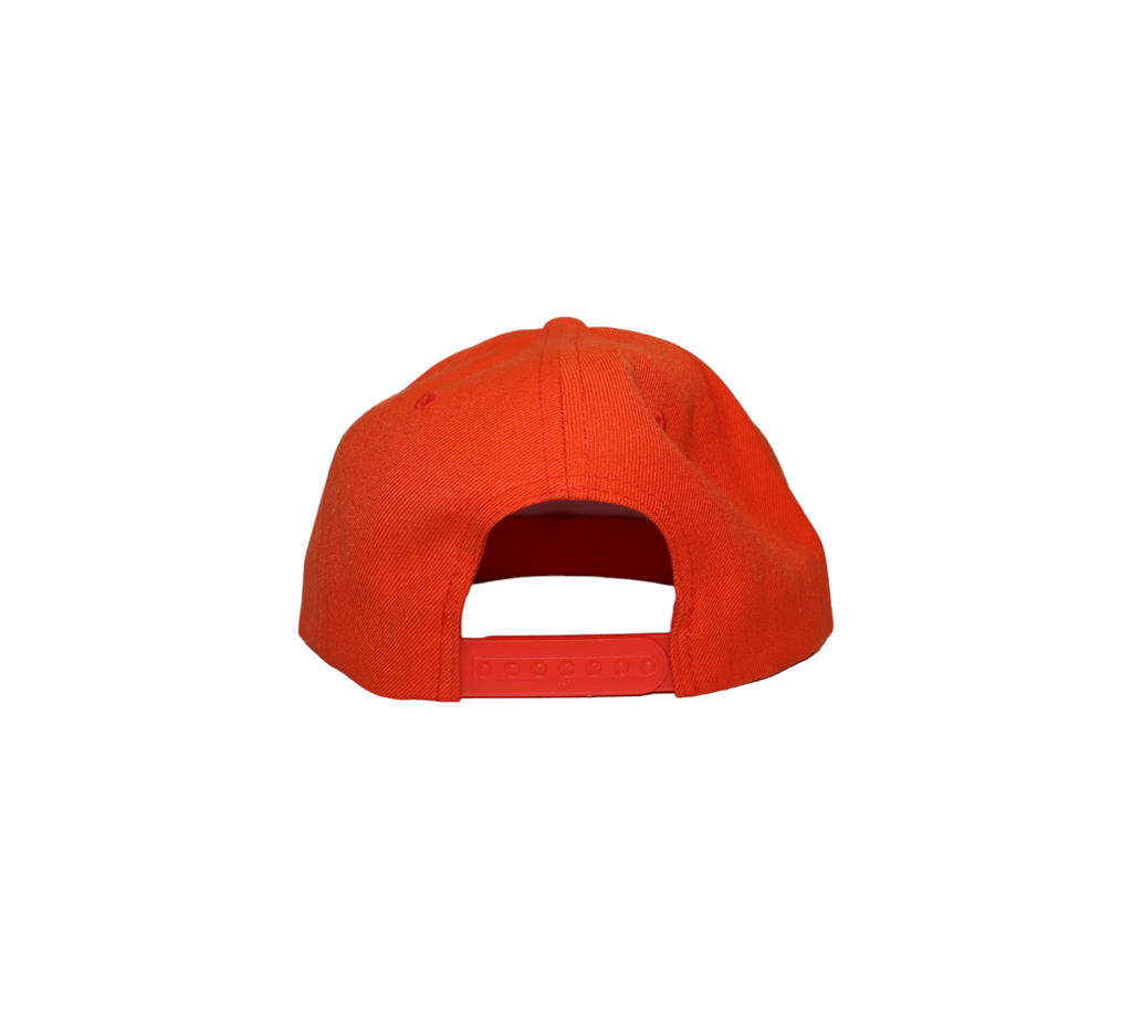 A red snapback back of hat with a flat brim. 