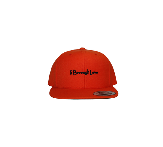 A red snapback hat with a flat brim. The phrase '5 Borough Love' is embroidered on the front in a black script font.