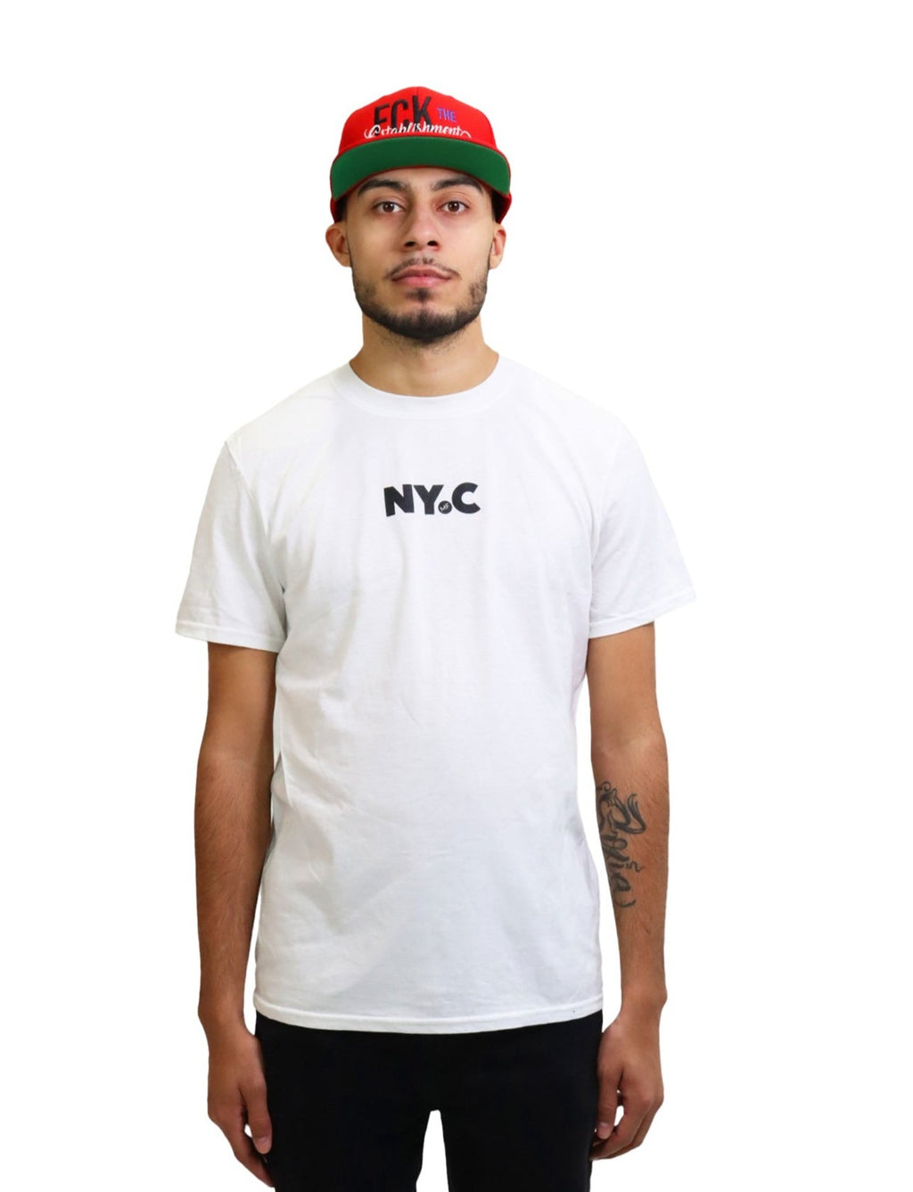 A man models a white t-shirt with black text that reads 'N.Y.C.'. On closer inspection, the periods within the logo contain a hidden 'MF' detail.
