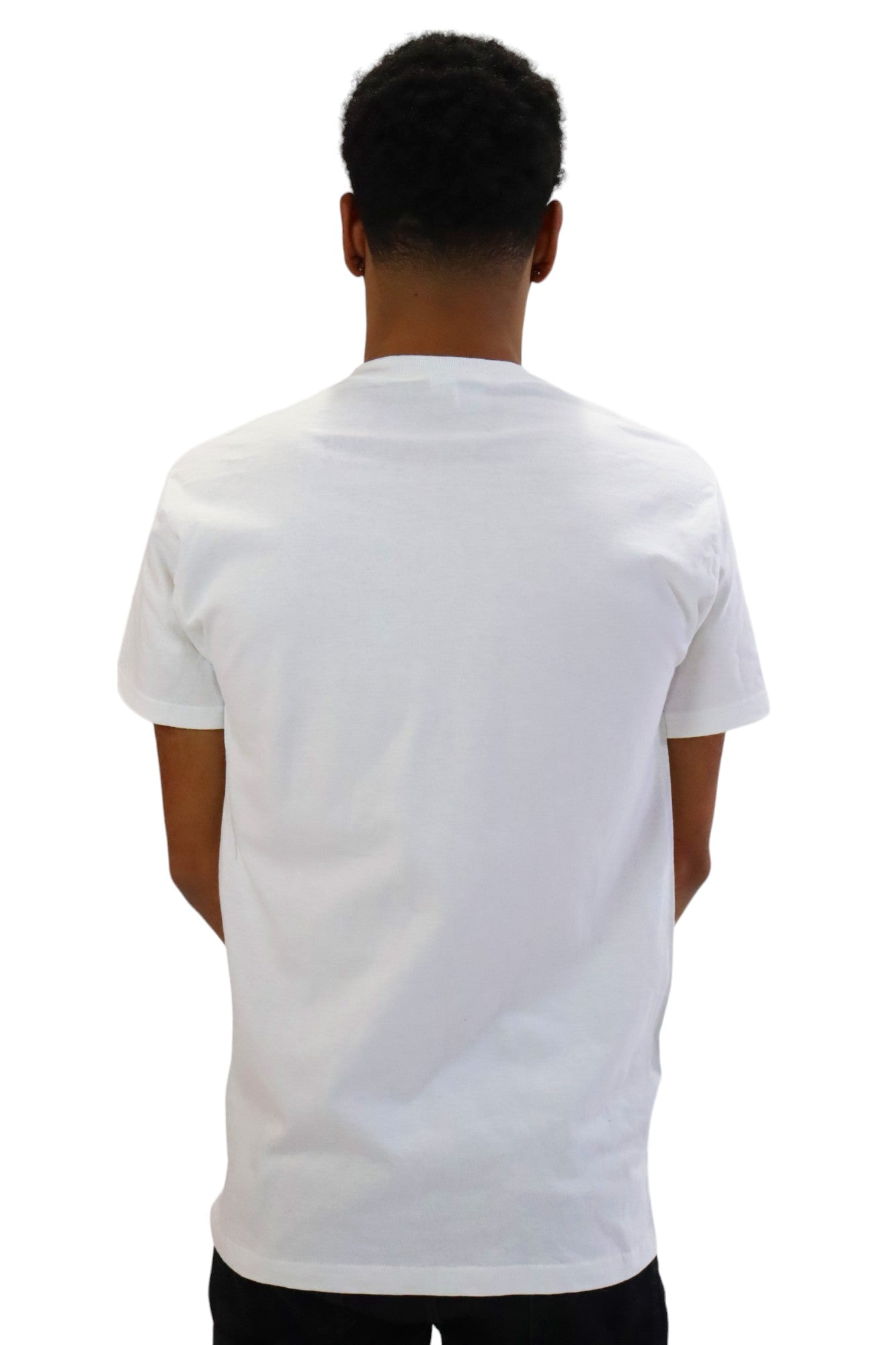Back view of a model wearing a plain white t-shirt with no graphic.