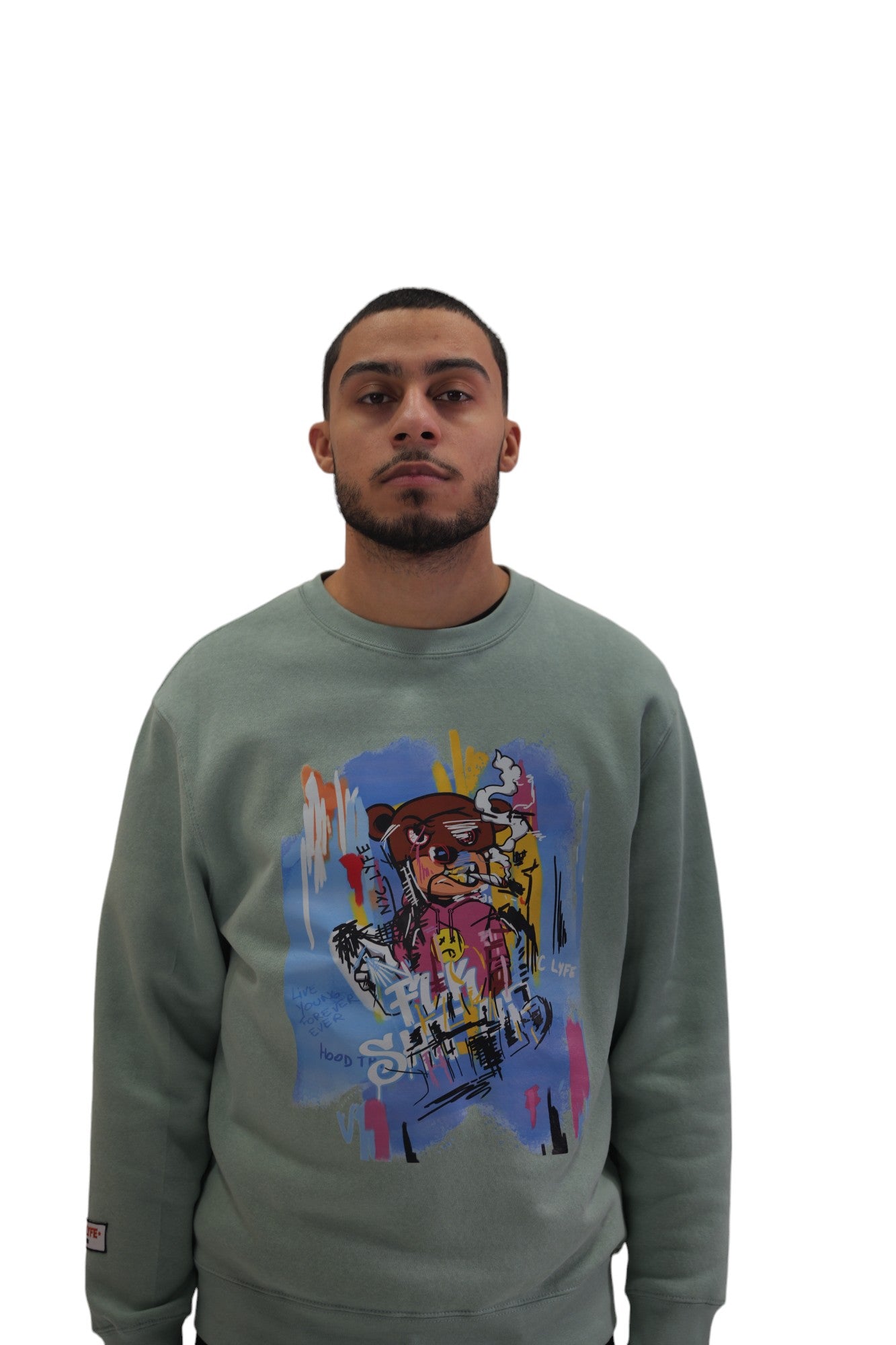 Front view of a model wearing a lightt blue crewneck sweatshirt. The sweatshirt features a large, colorful graffiti-style graphic of a cartoon bear with sunglasses against an abstract, chaotic background.