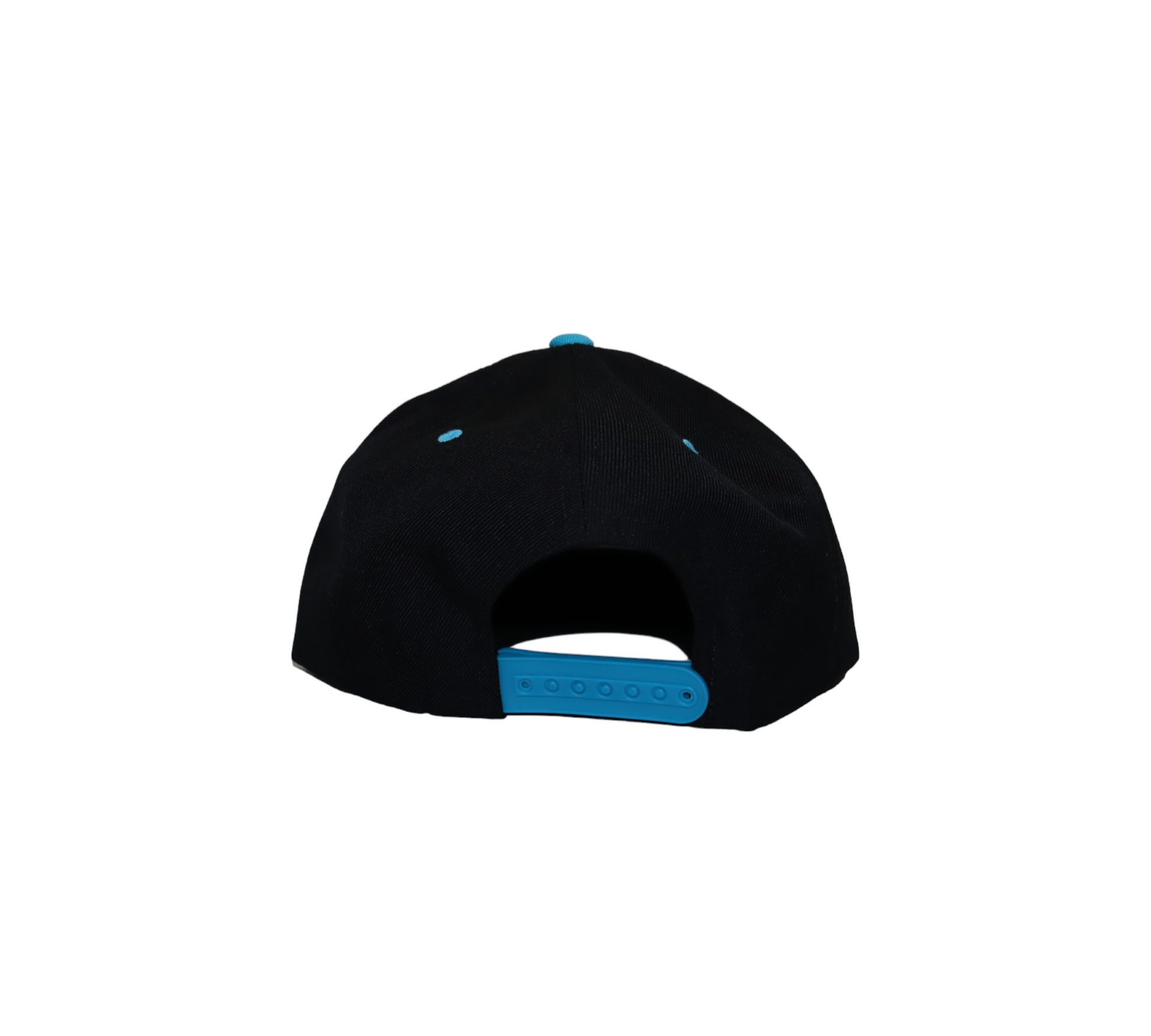 The back of a black and blue snapback hat, showing the bright blue plastic snap closure and eyelets.