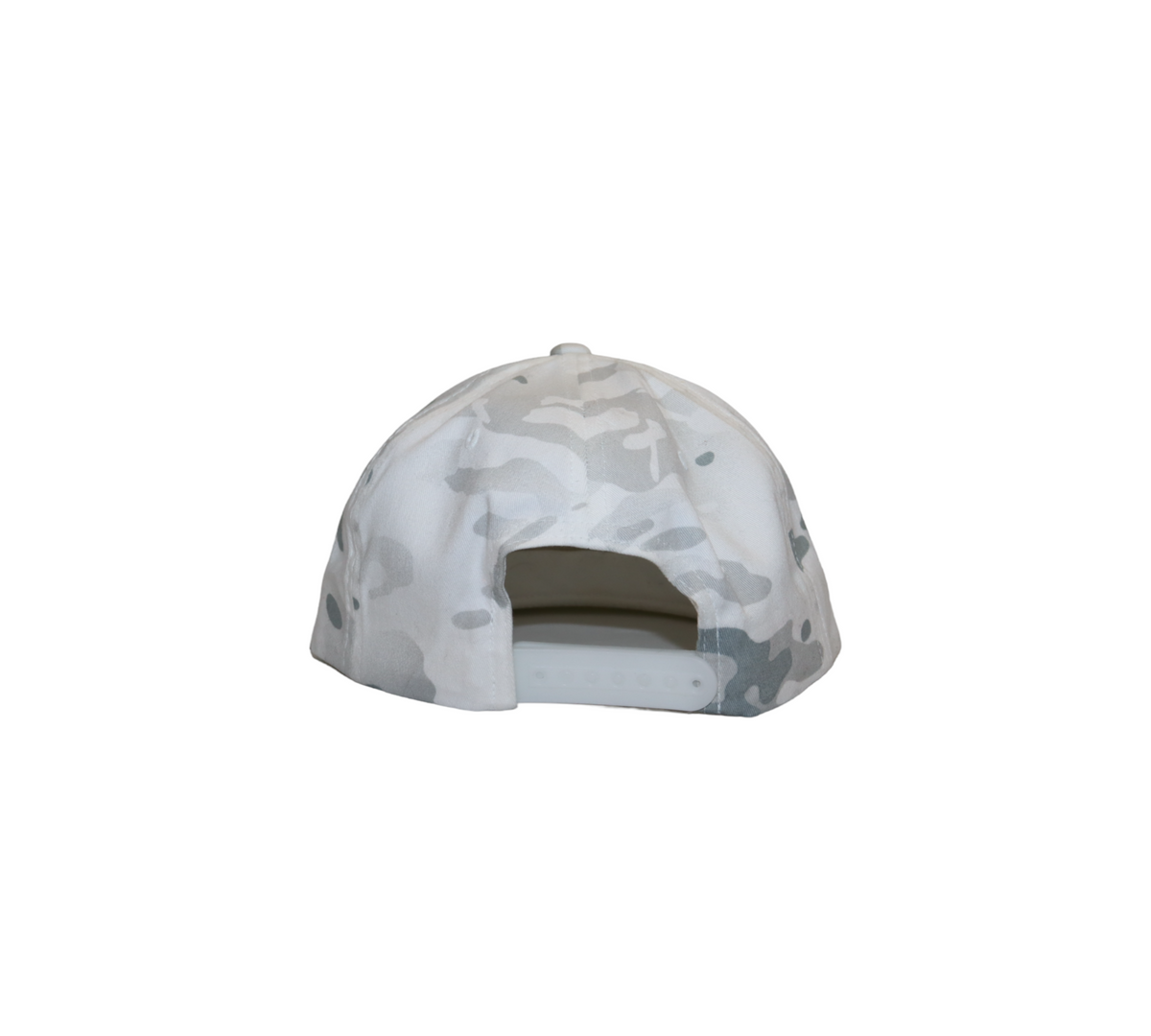 The back of a white and grey urban camouflage snapback hat, showing the white plastic snap closure.