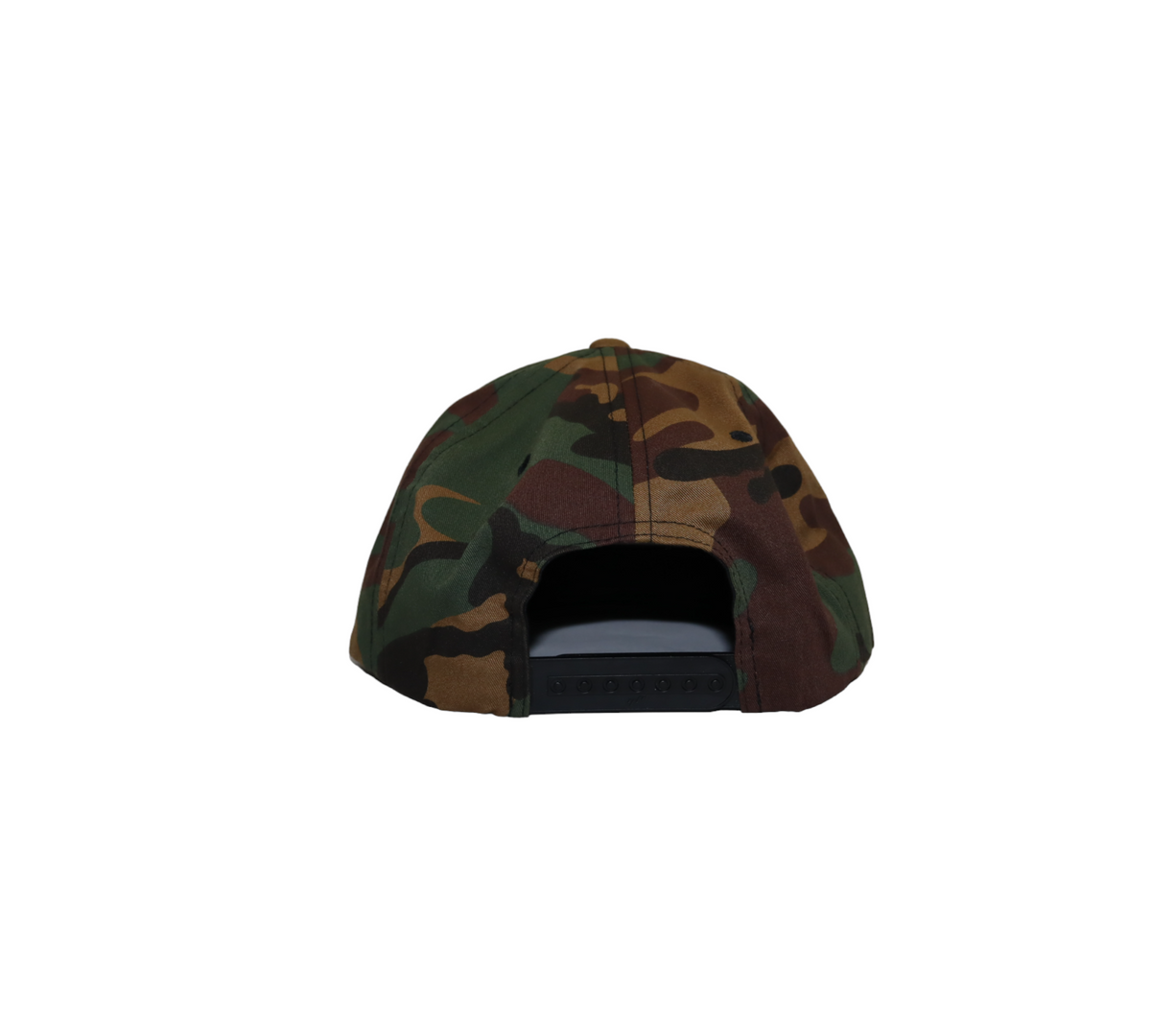 The back of a woodland camouflage snapback hat, showing the black plastic snap closure.